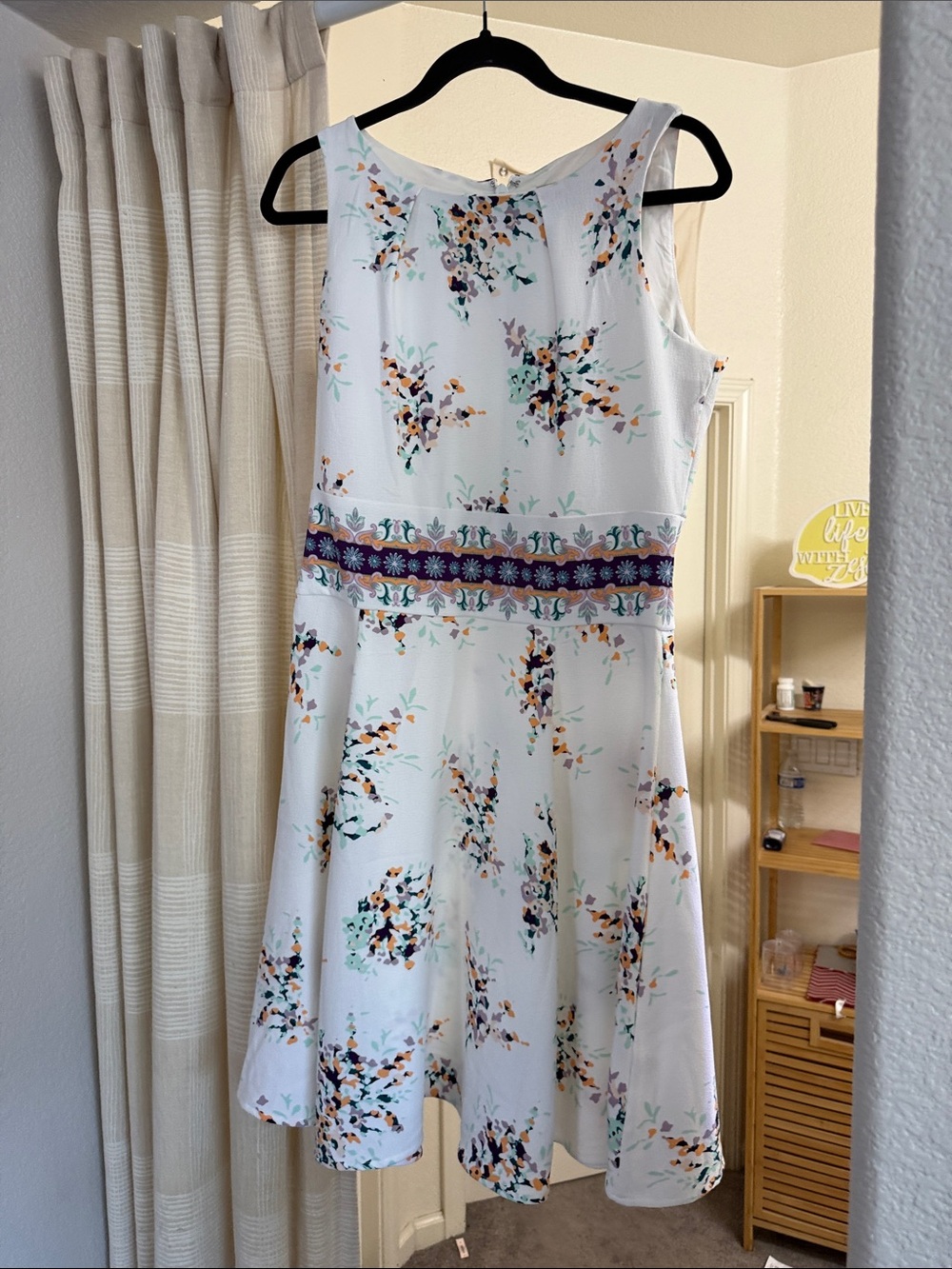Floral Print White Midi Dress with Embroidered Waistband